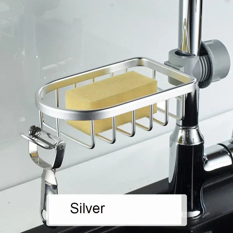 Bathroom Faucet Shelf Space Aluminum Kitchen Sink Sponge Drain Rack Black Silver Bathroom Shower Storage Rack Sundries Holder